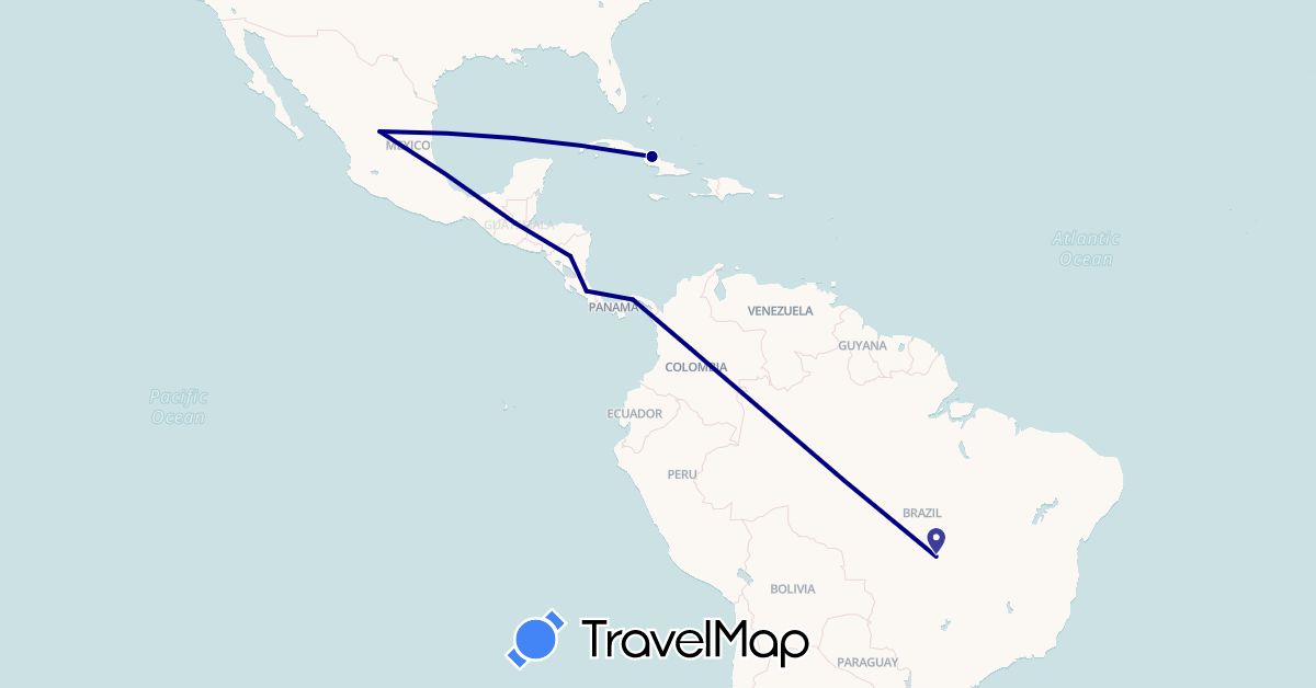 TravelMap itinerary: driving in Brazil, Colombia, Costa Rica, Cuba, Guatemala, Mexico, Nicaragua, Panama (North America, South America)